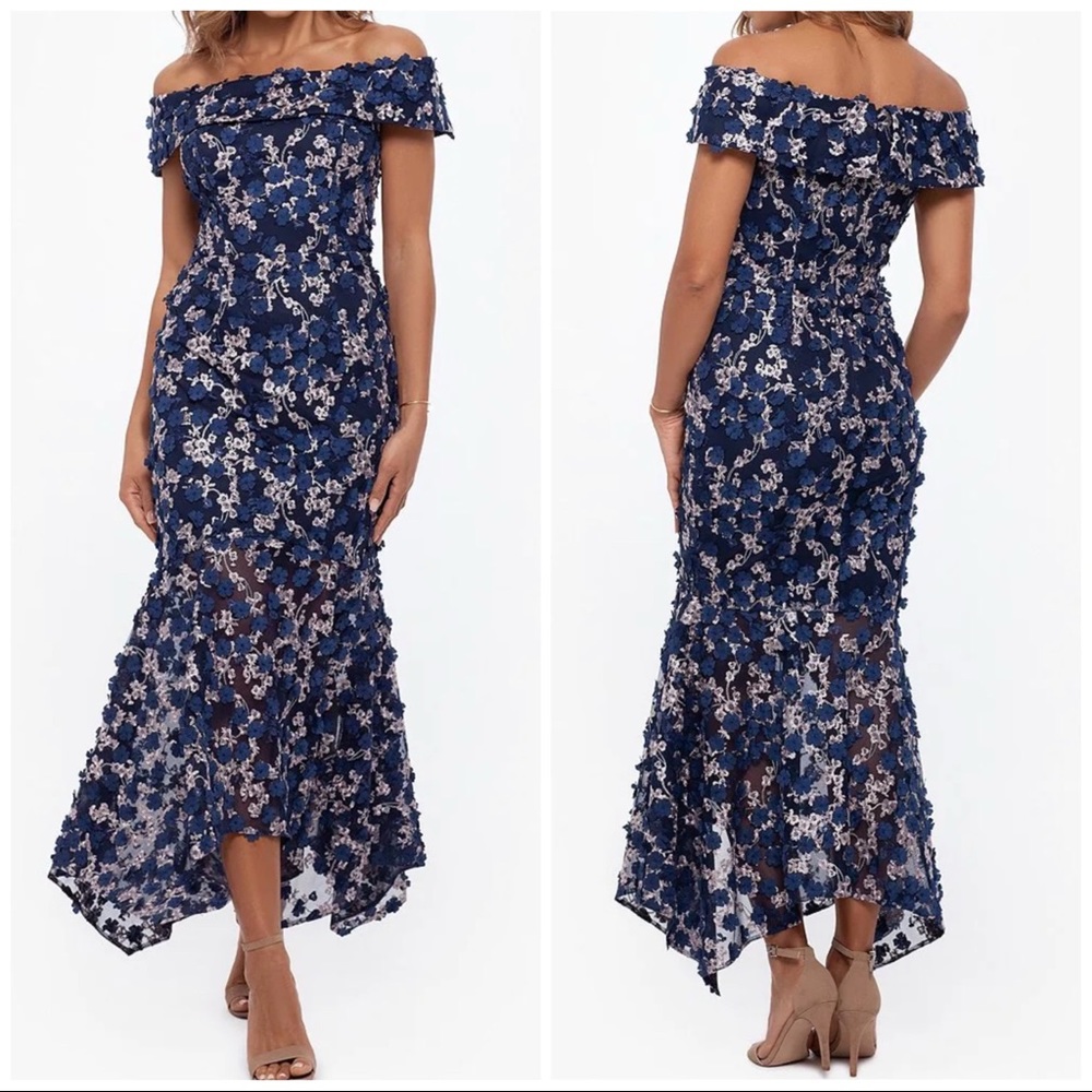 Xscape Navy Blue Off-the-Shoulder Floral Appliqué Midi - Picture 4 of 4